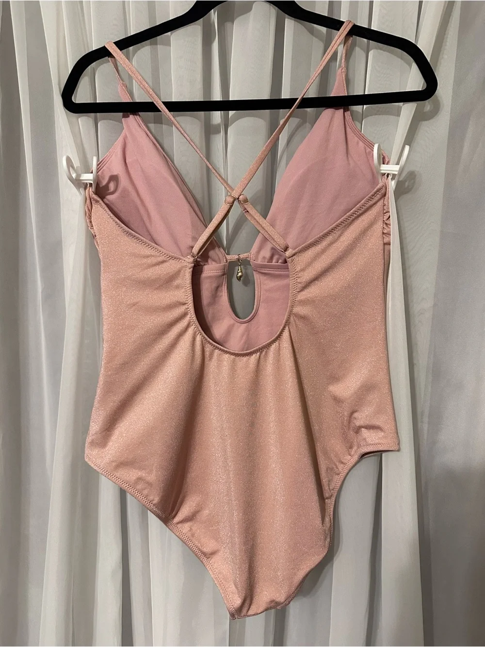 Shimmery Blush Pink Plunge Cross Back High Cut One-Piece Bodysuit Size 16